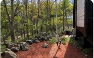 Wooded yard area with fresh mulch and stone border